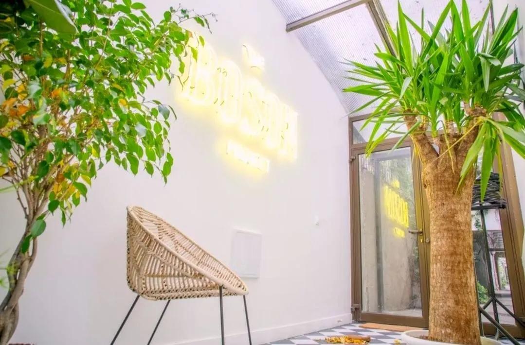 L'entrée sous verrière de la Maison Boson, murs blancs, plantes et néon lumineux